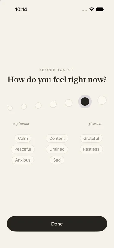SimplySit before-sit Feeling check-in with a seven-point range and optional labels