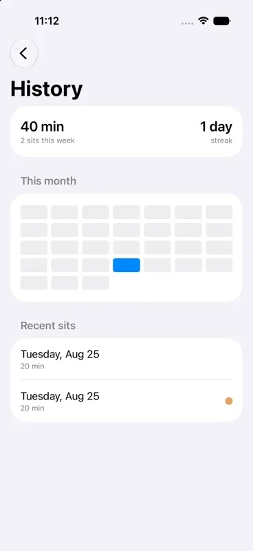 SimplySit History showing this week's minutes, a local streak, a month grid, and recent sits