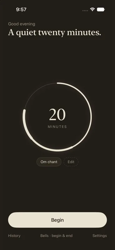 SimplySit home screen set to a 20-minute sit with the Om chant selected