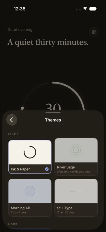 SimplySit theme gallery showing light and dark themes earned through sitting